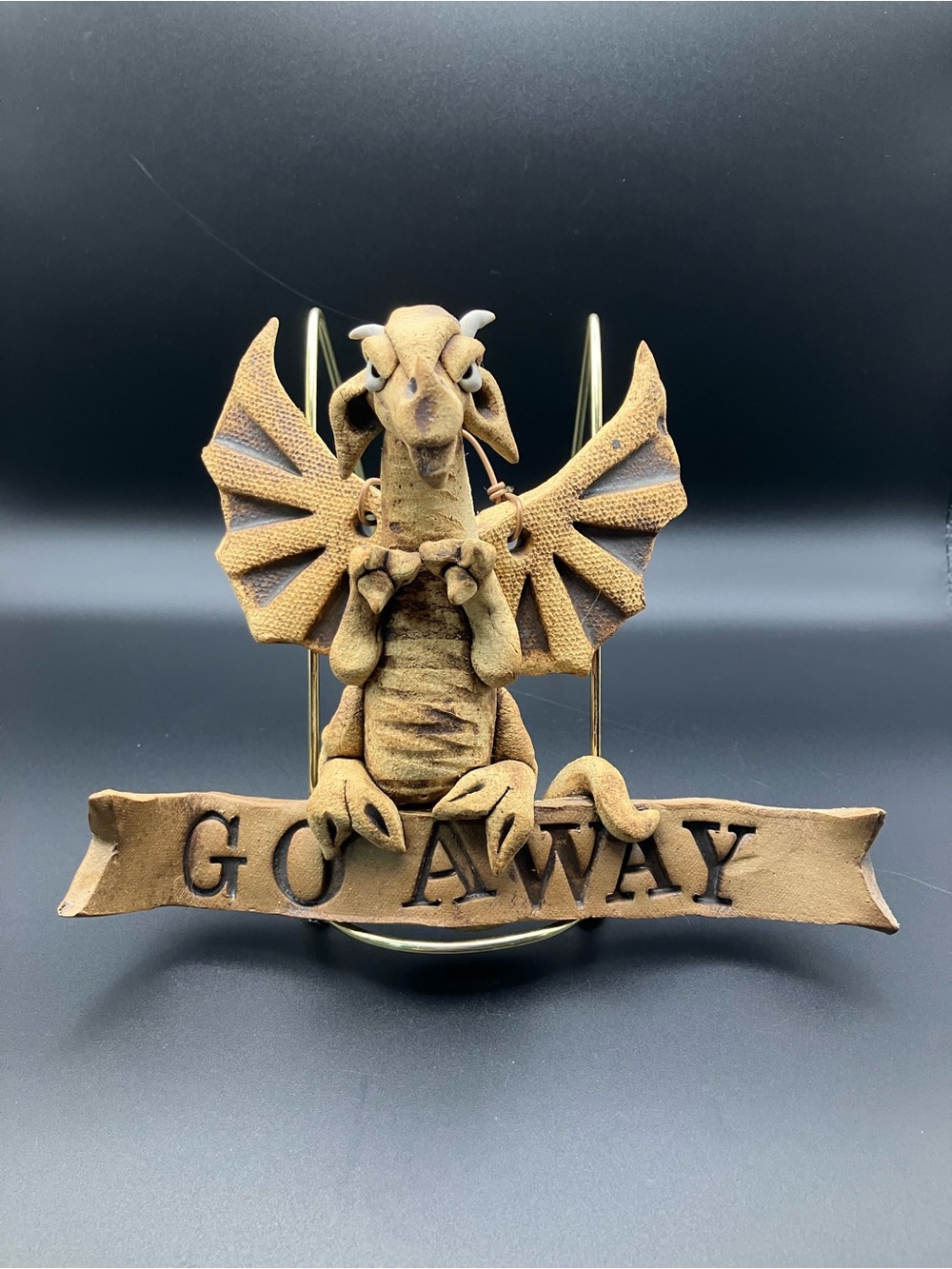 Hogenson 2010 Ceramic Dragon Figure "Go Away" Sign - Brown